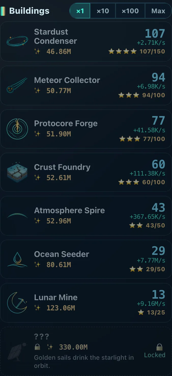 The Buildings list showing Stardust Condenser, Meteor Collector, Protocore Forge, Crust Foundry and more, each with a count, star rating and per-second output, plus a locked ??? row at the bottom