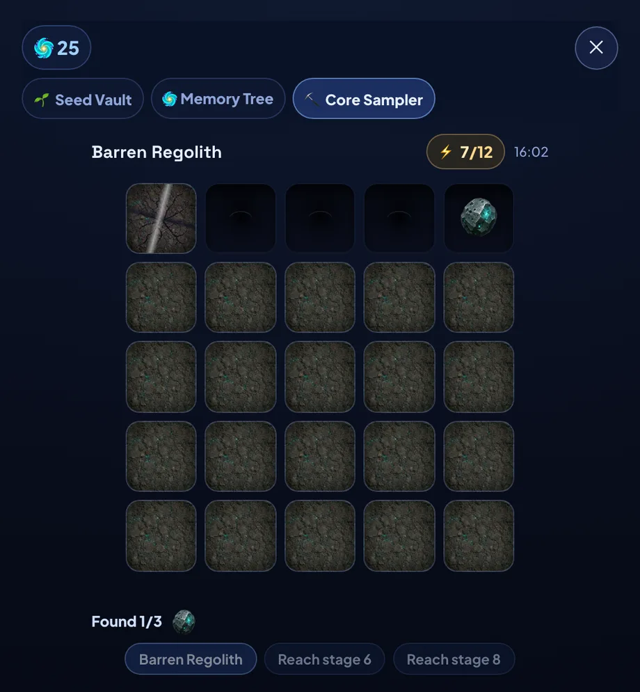 The Core Sampler tab: a 5Γ5 grid of buried regolith cells with an Energy meter reading 7/12 beside a recharge countdown, one cracked cell and one revealed loot, a βFound 1/3β tracker, and a strata picker below