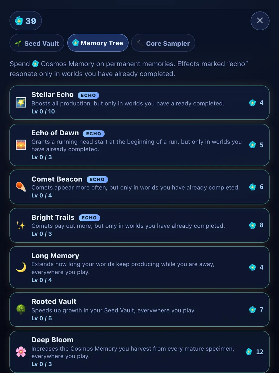 The Memory Tree tab: seven nodes β Stellar Echo, Echo of Dawn, Comet Beacon, Bright Trails, Long Memory, Rooted Vault and Deep Bloom β each with an echo tag or an everywhere effect, a level and a Cosmos Memory cost