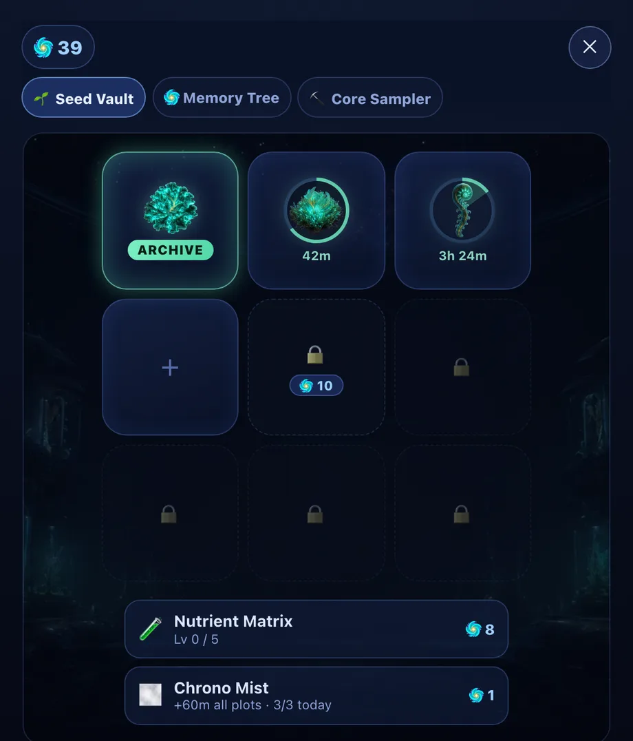 The Seed Vault tab: a grid of cryo-plots β one mature Lichen ready to Archive, a growing specimen with a countdown ring, a young sprout, an empty plot, and locked plots with unlock costs β above the Nutrient Matrix and Chrono Mist tools
