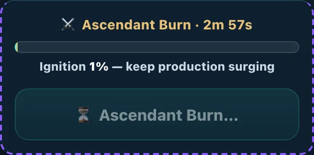 The Ascendant Burn HUD: a countdown of 2m 57s, an ignition progress bar at 1%, and the prompt to keep production surging