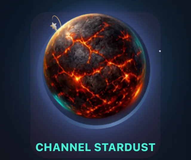 A close-up of the starting planet β a dark rock laced with glowing lava cracks β under the CHANNEL STARDUST label