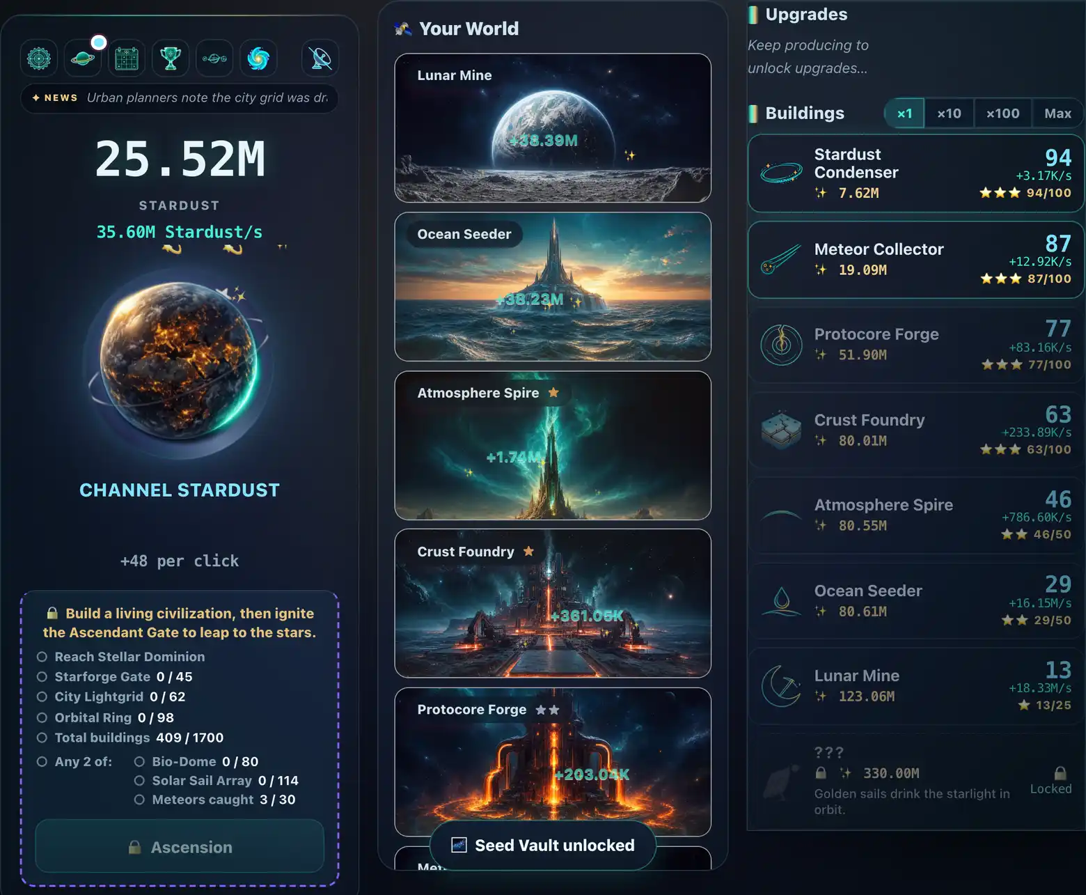 The full desktop layout in three columns: planet and Ascension checklist on the left, painted Your World scene cards in the middle, and Upgrades plus the Buildings list on the right