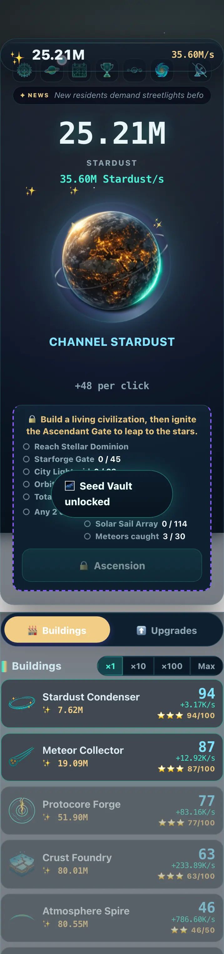 The mobile layout: a single scrolling column with a sticky header showing the Stardust total, the planet and channel button, the Ascension checklist, and a Buildings / Upgrades toggle above the building list