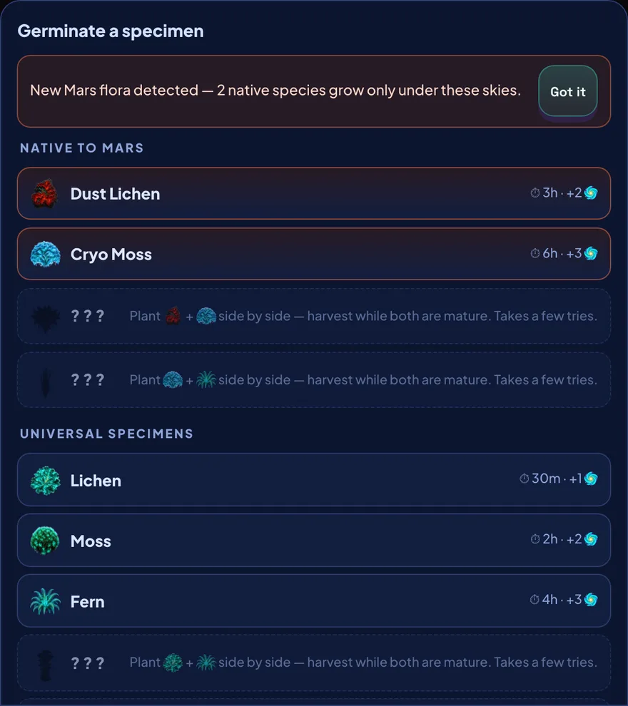 The Mars planting drawer: a “New Mars flora detected” banner, a Native to Mars section listing Dust Lichen and Cryo Moss plus two locked ? ? ? cross-breeds, and a Universal Specimens section with Lichen, Moss and Fern