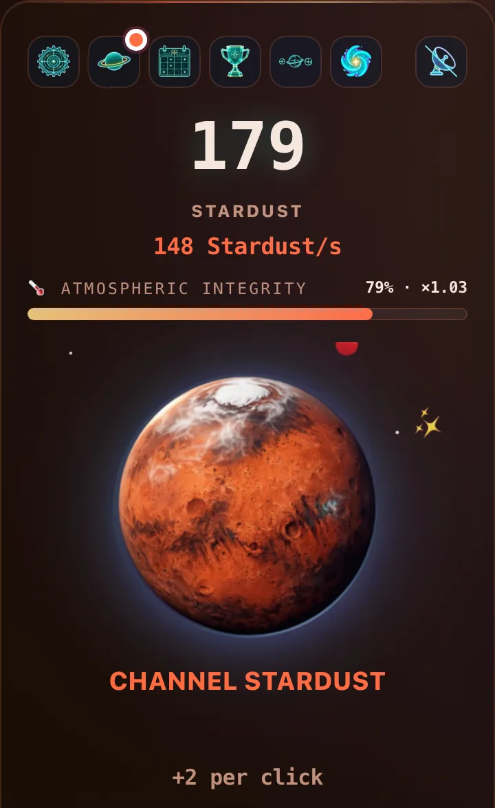 Early Mars: 574 Stardust, 132 per second, an Atmospheric Integrity meter reading 71% Β· Γ1.00, and the rust-red planet with a white polar cap
