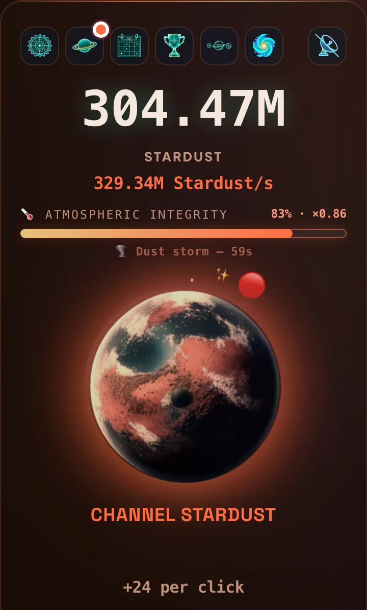 Mars mid dust-storm: 223.47M Stardust, integrity holding at 100% · ×1.12, a “Dust storm — 59s” banner, and the planet part-terraformed with blue-green patches