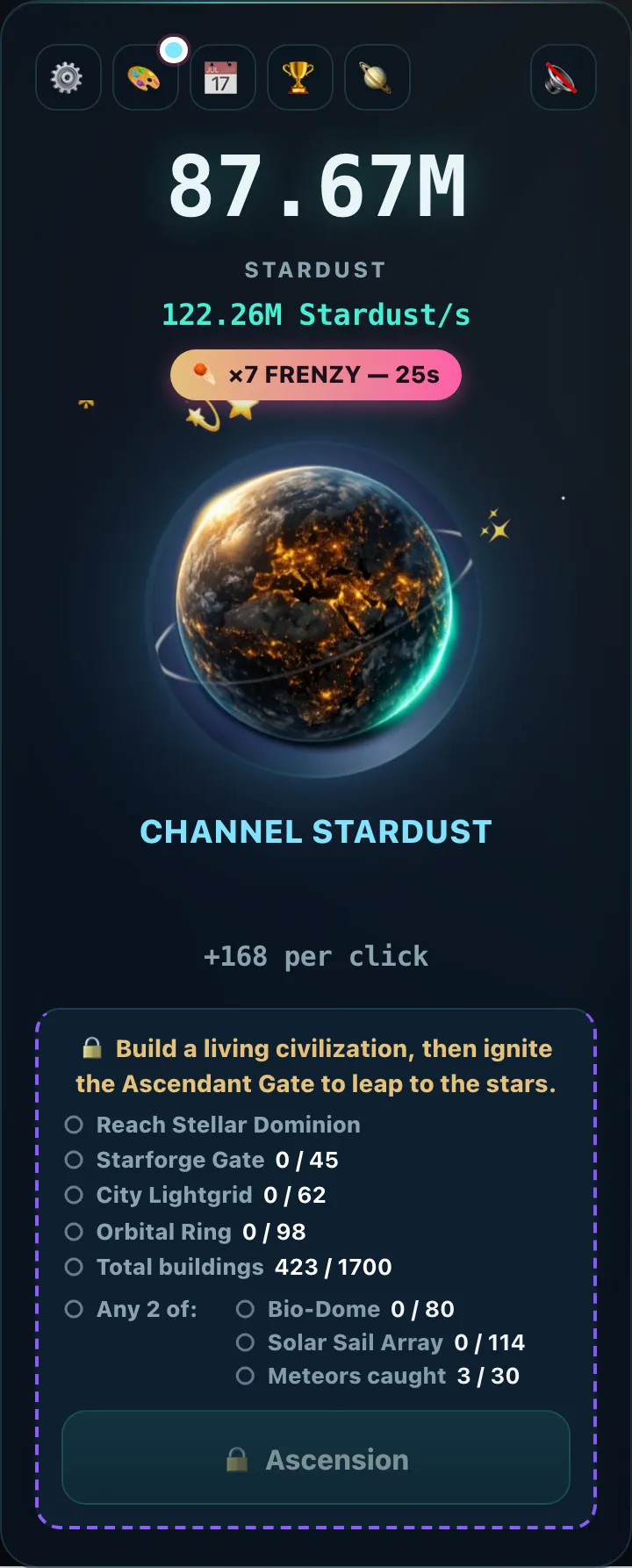 The planet column during a Supernova, with a bright ×7 FRENZY — 25s badge above the Stardust total and a jump in Stardust per second