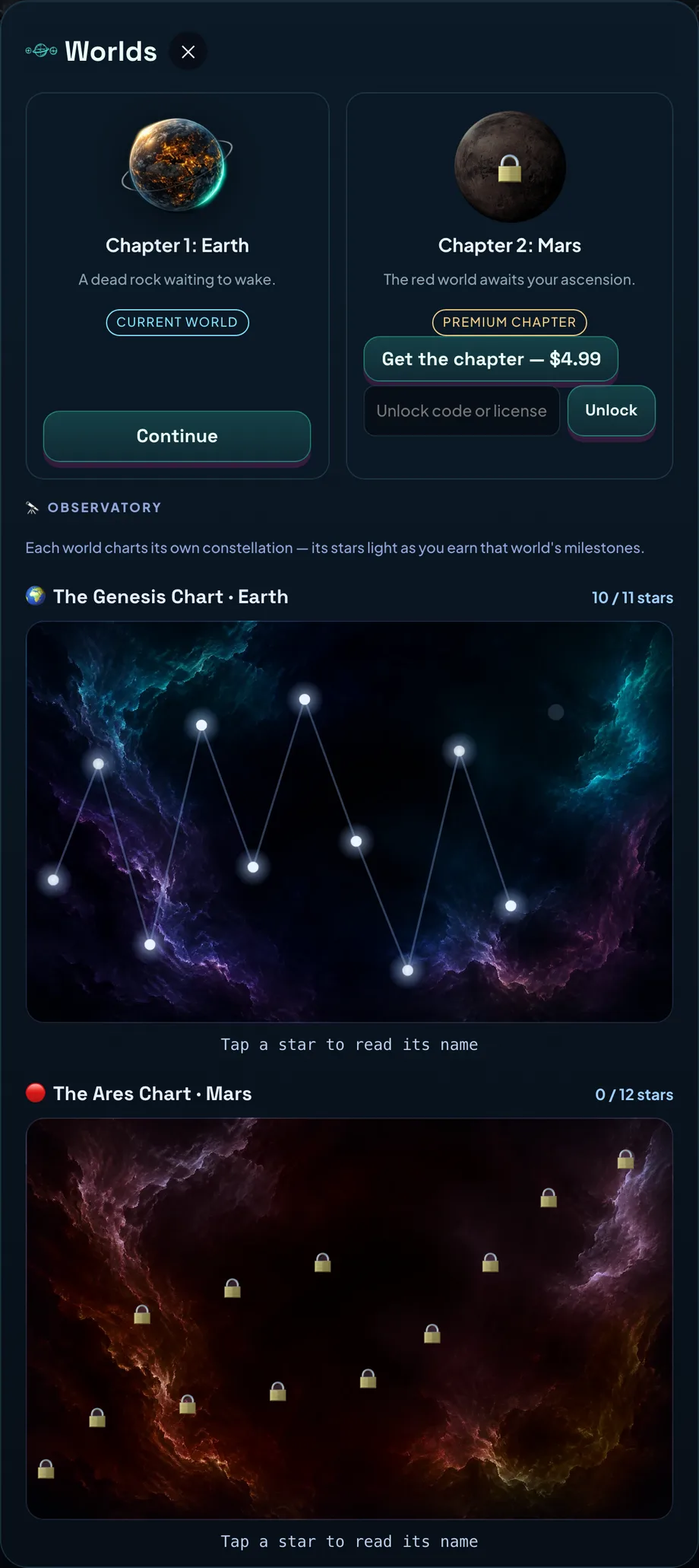 The Worlds modal: a Chapter 1 Earth card marked Current World and a locked Chapter 2 Mars card with a Get the chapter button, above an Observatory section showing The Genesis Chart at 10 of 13 stars lit, with two padlocked Mars stars at the edge